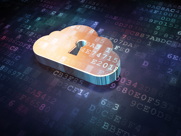 Cloud technology concept: Golden Cloud Whis Keyhole on digital background, 3d render